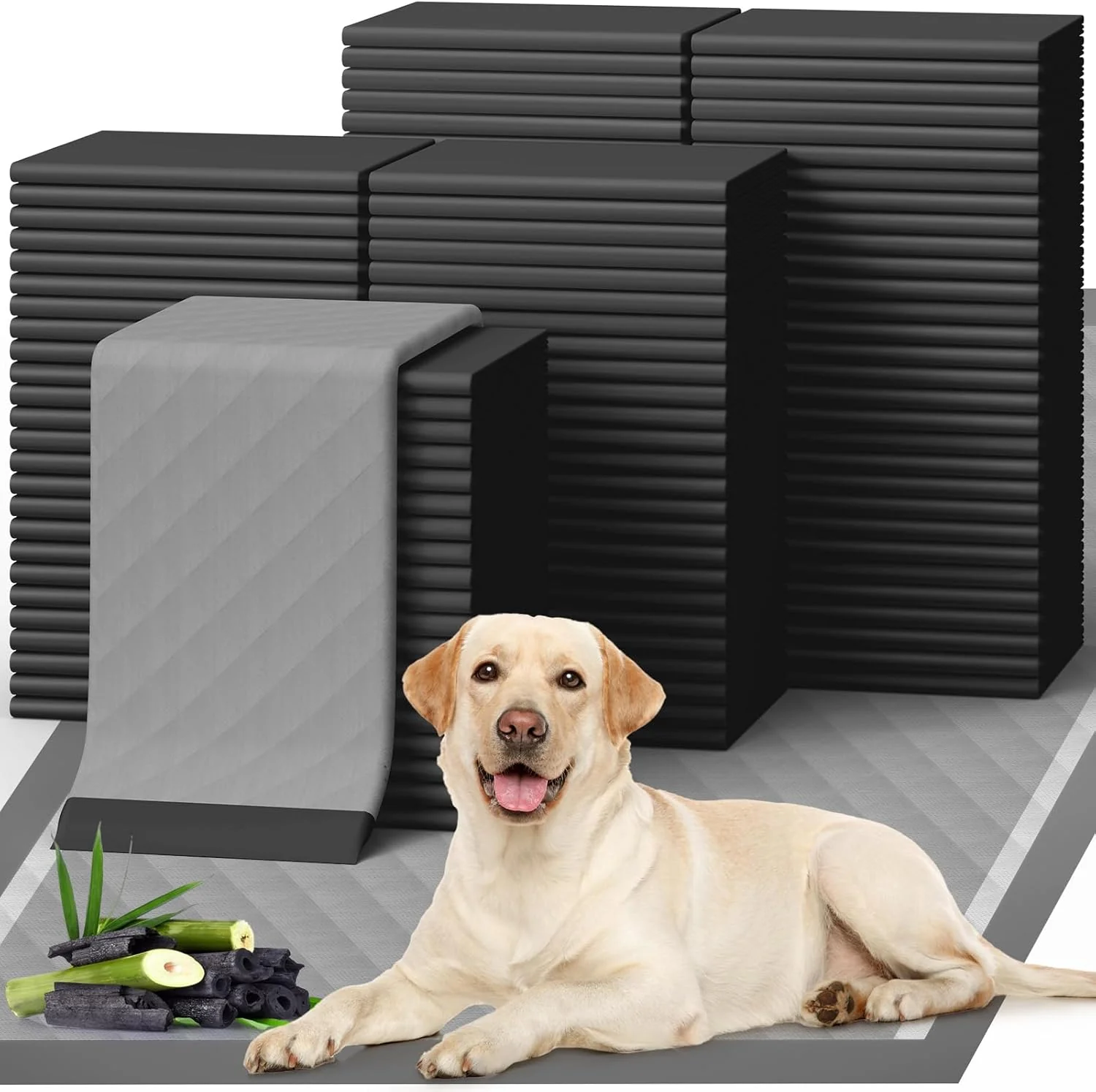 Detailed 100-Pack X-Large Puppy Pads – 34” x 28” Pee Pads for Dogs Potty Training with Leak-Proof Quick-Dry Design 6-Layer Wee Wee Pads for Dogs Charcoal Black Versatile
