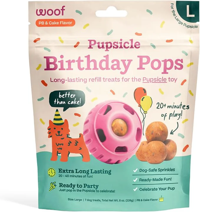 Versatile WOOF Pupsicle Birthday Pops – Healthy Dog Treats – Pre-Made Pupsicle Refills- Wholesome Ingredients – Naturally Sweet – Cake-Flavored Birthday Treat for Dogs – LargeAbout This Recyclable