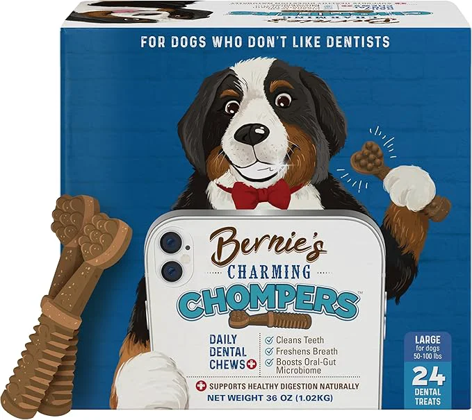 Durable Bernie’s Charming Chompers – Daily Dental Chews for Dogs 50-100 Lbs. – 24 Count – Cleans Teeth Freshens Breath Boosts Oral-Gut Microbiome. Easy to Digest Supports Healthy Digestion NaturallyAbout This Modern