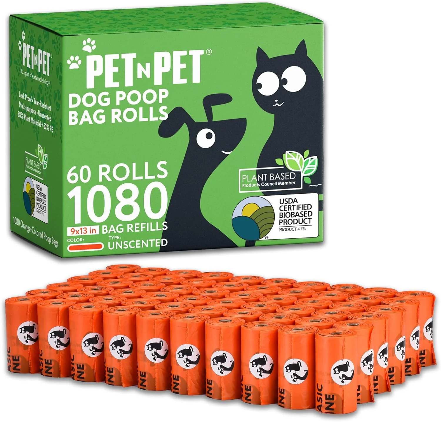 World-Class Pet N Pet 1080 Counts Orange Poop Bags for Dogs 41 Plant Based 59 PE Extra Thick Dog Poop Bags Rolls 9 x 13 Unscented Pet Waste Bag Green