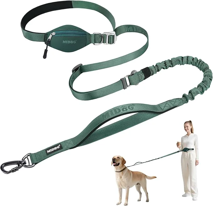 Specialty MIDOG Multifunctional Dog Leash Hands for Large Dogs – Adjustable Waist Leash with Zipper Pounch Bungee Cord for Jogging Running Walking 4-7FT Green About ThisOverview Crafted