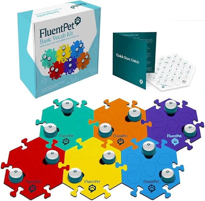 Easy-to-Use FluentPet Speak Up Key Vocab Kit with Clearer Upward-Facing Sound – 12 Recordable Buttons w Pre-Installed Batteries 6 HexTile Button Mats – Training Dog Cat Communication ButtonsAbout This Excellent