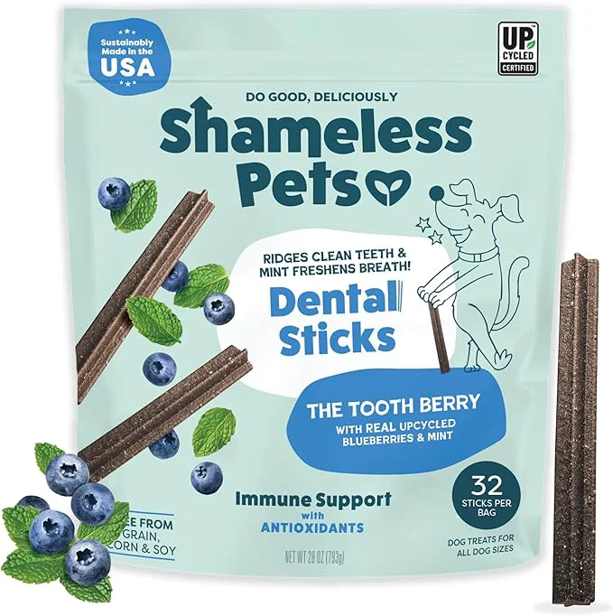 Refined Shameless Pets Blueberry Mint Dental Chews for Dogs 32 Chews – Natural Dog Teeth Cleaning Treats with Fresh Breath Benefits Grain- Dental Sticks for Small Medium Large DogsAbout This Breathable