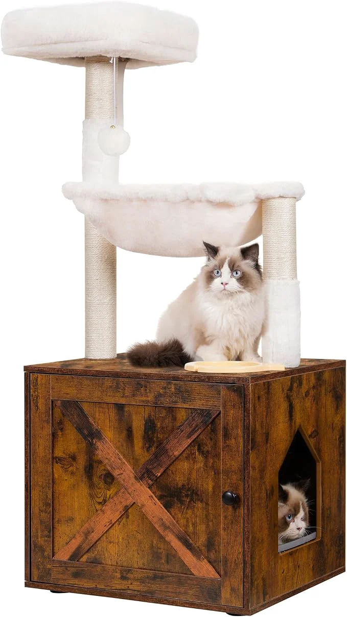 Premium Material Hey-brother Cat Tree with Litter Box Enclosure All-in-one Cat Tower Trendy
