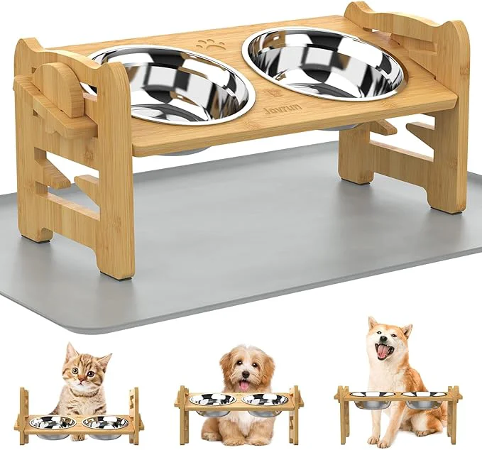 Detailed d Dog Bowls Adjustable Raised Dog Bowl Stand for Small Size Dogs and Cats Durable Bamboo Dogs Feeder with 2 Stainless Steel Bowls and Non-Slip Feet Pet Food Bowl with MatAbout ThisOverview Functional