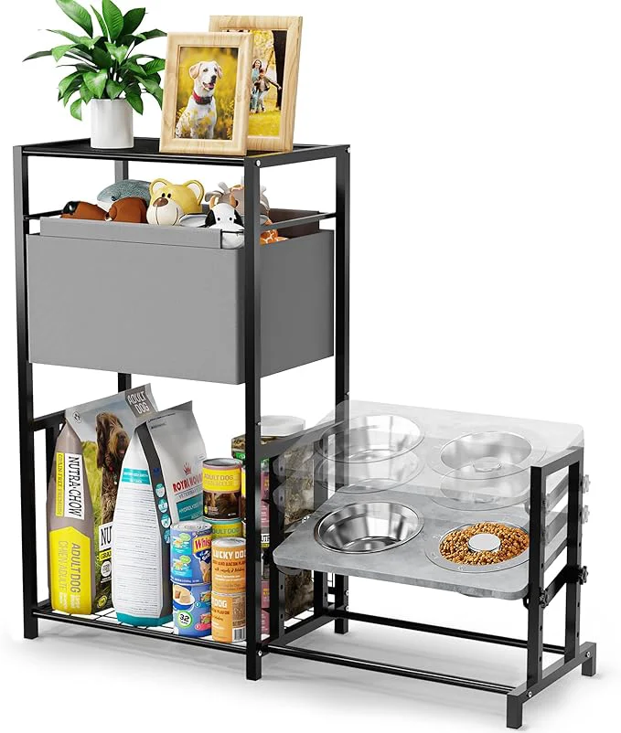 Easy-to-Use d Dog Bowls Stand with Pet Storage Organizer Adjustable Feeding Station Cabinet with Toy Basket for Large Medium and Small DogsAbout ThisOverview Luxury