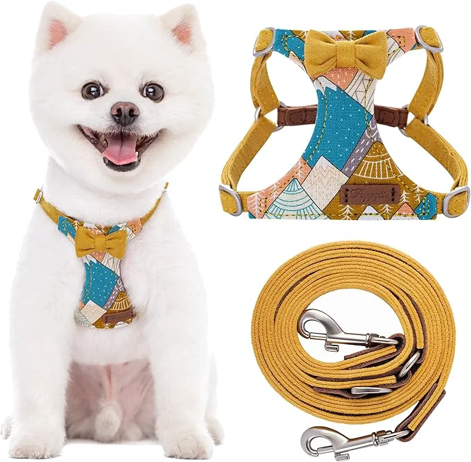 Flexible Puppytie No Pull xs Dog Harness with Multifunction Dog Leash Soft Adjustable No Choke Escape Proof Pet Harness Vest Suede Bow Yellow XSAbout ThisOverview Smooth