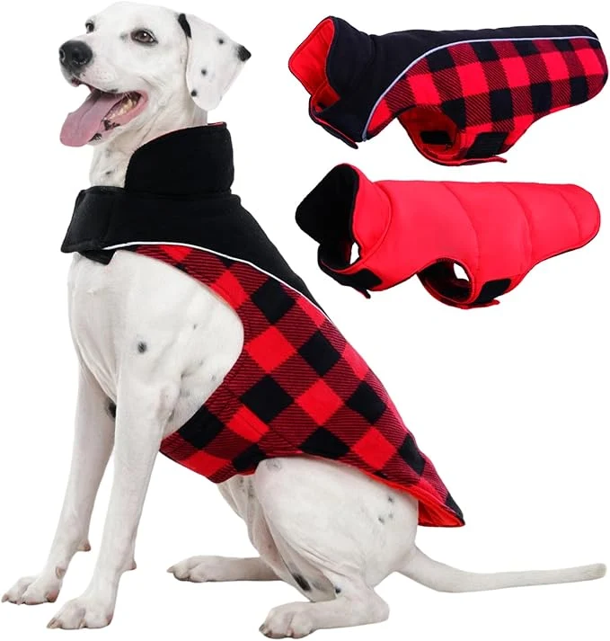 Excellent Kuoser Dog Winter Coat Reversible Waterproof Dog Jacket with Reflective Strip Warm Dogs Fleece Vest Adjustable Doggy Cold Weather Clothes Plaid Christmas Outfit Pet Apparel for Large Dogs Red 2XLAbout ThisOverview Specialty