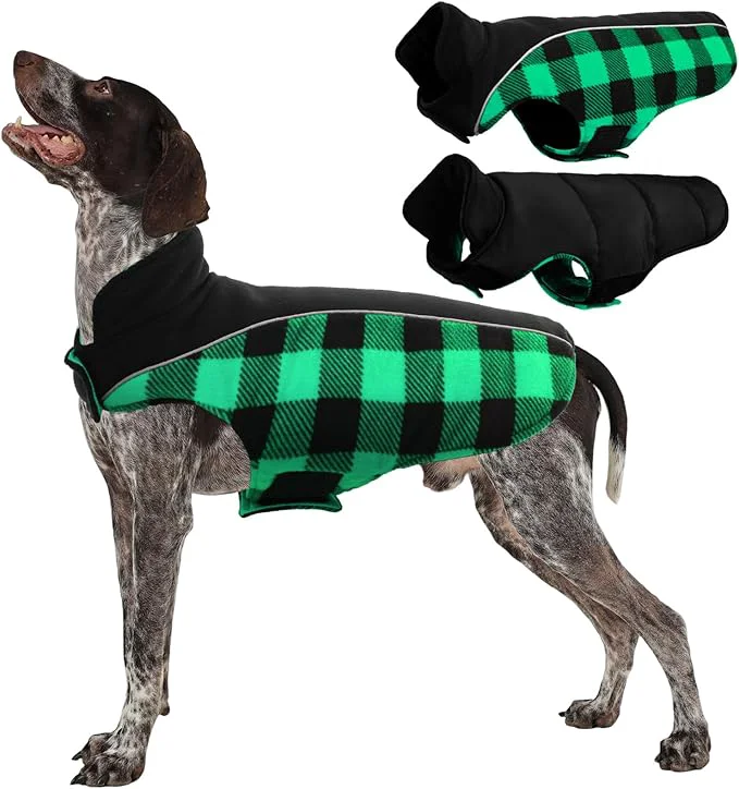 Smooth Kuoser Dog Winter Coat Reversible Waterproof Dog Jacket with Reflective Strip Warm Dogs Fleece Vest Adjustable Doggy Cold Weather Clothes Plaid Christmas Outfit Pet Apparel for Large Dogs Green LAbout ThisOverview Relaxed