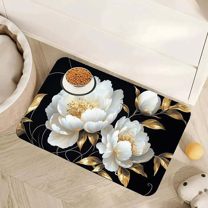 Efficient White Flowers Pet Feeding Mat Glitter BloomingAbsorbent Quick-Dry Cat Dog Food Contemporary