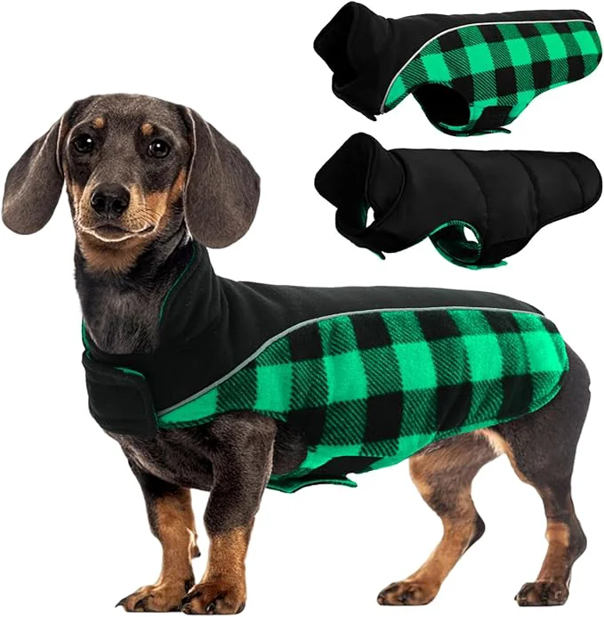 Premium Material Kuoser Dog Winter Coat Reversible Waterproof Dog Jacket with Reflective Strip Warm Dogs Fleece Vest Adjustable Doggy Cold Weather Clothes Plaid Christmas Outfit Pet Apparel for Small Dogs Green SAbout ThisOverview Unique