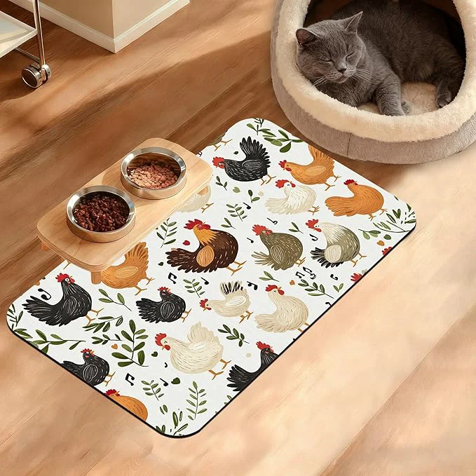 Quality Dog Bowl Mat Chickens Roosters Pet Feeding Mat Reusable