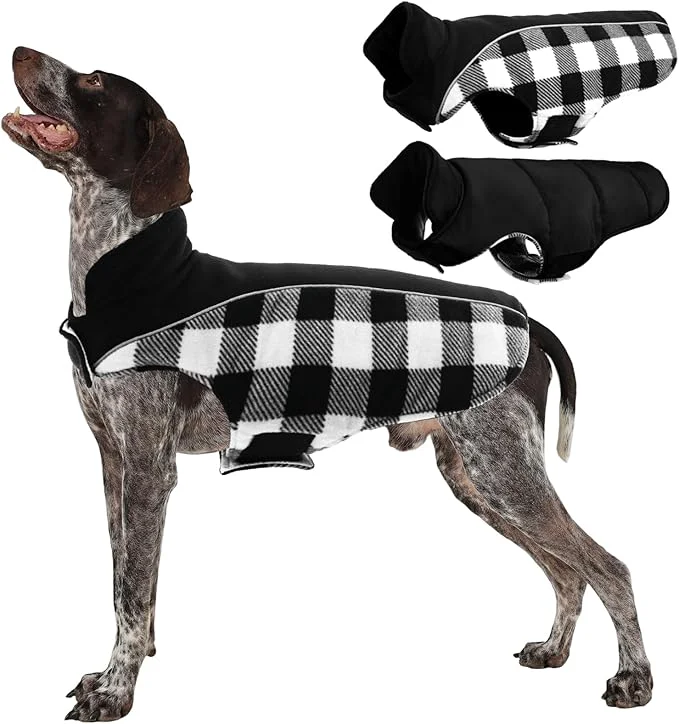 Fashionable Kuoser Dog Winter Coat Reversible Waterproof Dog Jacket with Reflective Strip Warm Dogs Fleece Vest Adjustable Doggy Cold Weather Clothes Plaid Christmas Outfit Pet Apparel for Large Dogs Black LAbout ThisOverview Artisan