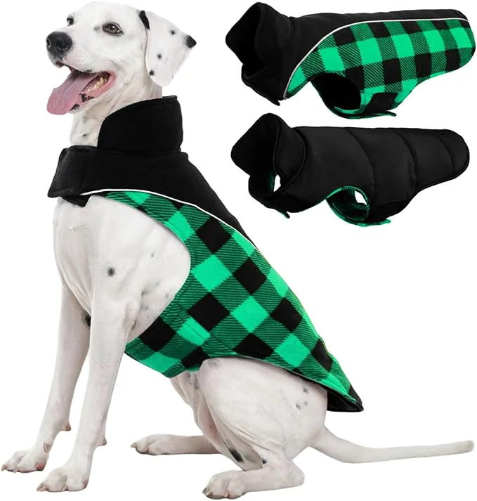 Authentic Kuoser Dog Winter Coat Reversible Waterproof Dog Jacket with Reflective Strip Warm Dogs Fleece Vest Adjustable Doggy Cold Weather Clothes Plaid Christmas Outfit Pet Apparel for Large Dogs Green XLAbout ThisOverview Original
