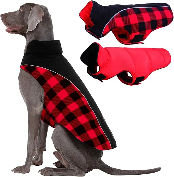 Powerful Kuoser Dog Winter Coat Reversible Waterproof Dog Jacket with Leash Hole Warm Dogs Fleece Vest Adjustable Doggy Cold Weather Clothes Plaid Christmas Outfit Pet Apparel for Extra Large Dogs Red 3XLAbout ThisOverview Convenient