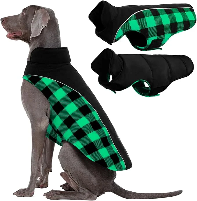 Soft Kuoser Dog Winter Coat Reversible Waterproof Dog Jacket with Leash Hole Warm Dogs Fleece Vest Adjustable Doggy Cold Weather Clothes Plaid Christmas Outfit Pet Apparel for Extra Large Dogs Green 3XLAbout ThisOverview Secure