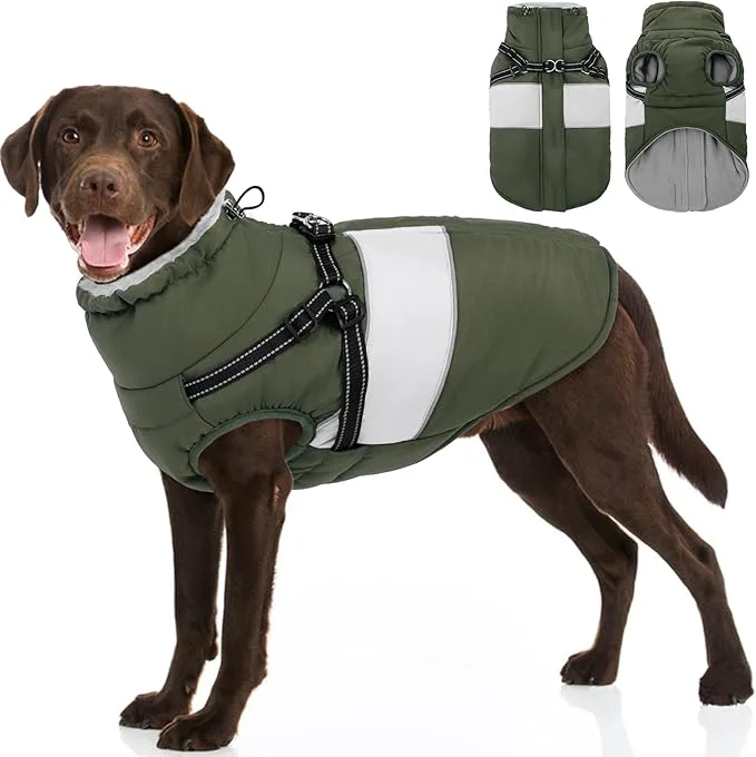Superior SUNFURA Dog Coat XXL Dog Jacket Winter with Harness Built in Waterproof Pet Snow Jacket with Furry Collar for Chilly Day Reflective Fleece Snowsuit for Extra Large Dogs Army Green 2XLAbout ThisOverview Versatile