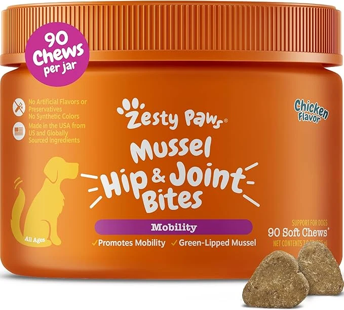 Superior Zesty Paws Mussel Mobility Bites for Dogs – New Zealand Green Lipped Mussel with Natural Glucosamine Chondroitin Omega-3 Fatty Acids – Hip Joint Support Supplement Soft Chews – 90 CountAbout This Innovative