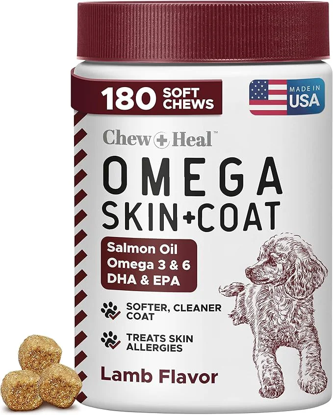 Trusted Salmon Oil for Dogs – Soft Chew Omega Treats for Skin and Coat – Fish Oil Blend of Essential Fatty Acids Omega 3 and 6 Vitamins Antioxidants and Minerals – Made in USA 180 Chews Lamb About ThisOverview Carefully Designed