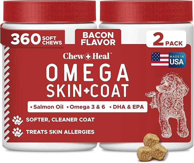 Effective Itchy Skin Relief for Dogs -360 Soft Chew Omega Treats for Skin and Coat -Salmon Oil Blend of Fatty Acids Omega 3 6 Vitamins Antioxidants -Made in USA 2 Packs of 180 Bacon Flavor About ThisOverview Relaxed