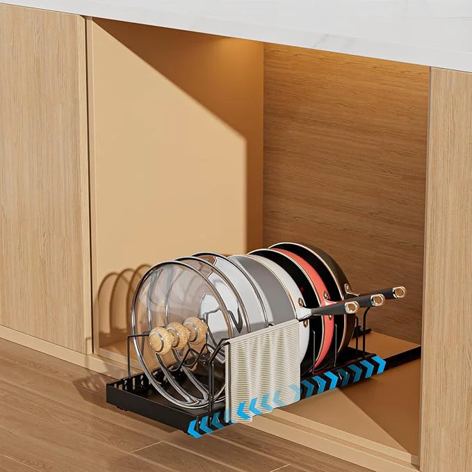 Optimized Pots and Pans Organizer Under Cabinet Pull-out Pots and Pans Organizer Under Cabinet Pot Lid Holder Sliding type Pots and Pans Storage with 8 Adjustable Dividers Handle Bracket – BlackAbout ThisOverview Clean