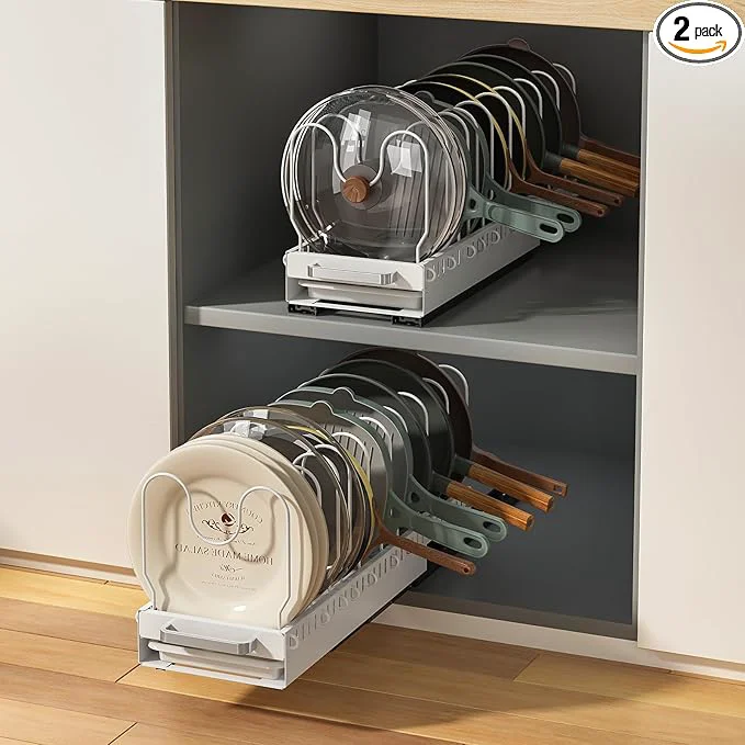 High-Quality Pots and Pans Organizer Under Cabinet with Drain Board Pull-out Expandable Pot Lid Organizer inside Cabinet Holder with 10 Adjustable Compartment Rack for Cutting Board White Pack of 2 About ThisOverview Official