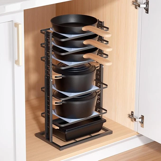 Advanced LAMU Pots and Pans Organizer for under Cabinet 6-Tier Heavy Duty Pan Pot Organizers inside Cabinet Adjustable 14 to 24.57 Pot Rack Kitchen Cabinet Organization and Storage Holds up to 12 CookwareAbout ThisOverview User-Friendly