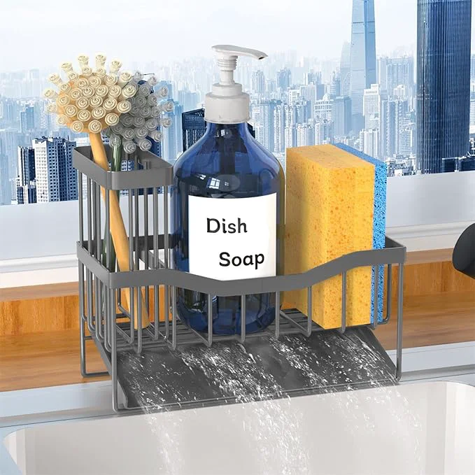Superior Maifan Sink Caddy Sponge Holder for Kitchen with Brush Holder and Stainless Steel Self Drain Tray Rustproof Kitchen Sink Organizer for Sponge Soap Dispenser Storage Accessories Dark GrayAbout ThisOverview Minimalist