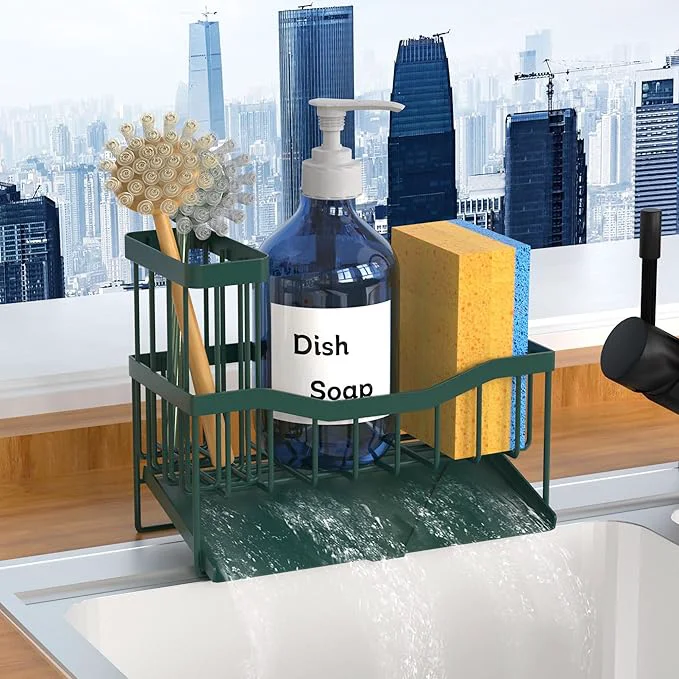 High-Grade Maifan Sink Caddy Sponge Holder for Kitchen with Brush Holder and Stainless Steel Self Drain Tray Rustproof Kitchen Sink Organizer for Sponge Soap Dispenser Storage Accessories Dark GreenAbout ThisOverview Traditional