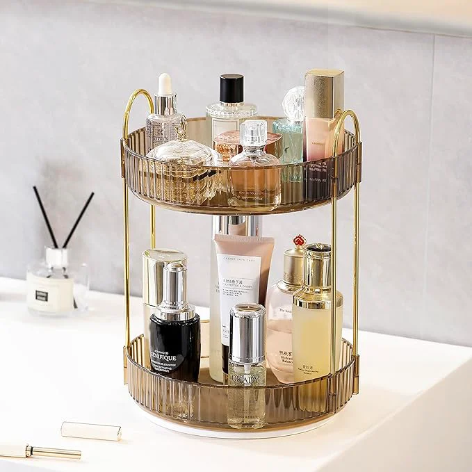 Premium Material Aveniee 360 Rotating Makeup Organizer for Vanity Perfume Sincare Organizers Bathroom Countertop Storage Clear Cosmetics Lipstick Holder for Dresser 2 Tiers Brown Professional