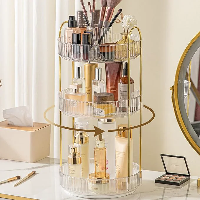 Genuine Aveniee 360° Rotating Makeup Organizer for Vanity Perfume Skincare Bathroom Countertop Organizers 3 Tier Spinning Skincare Storage with Brush Holder for Lipstick Cosmetic Lotion White Sophisticated