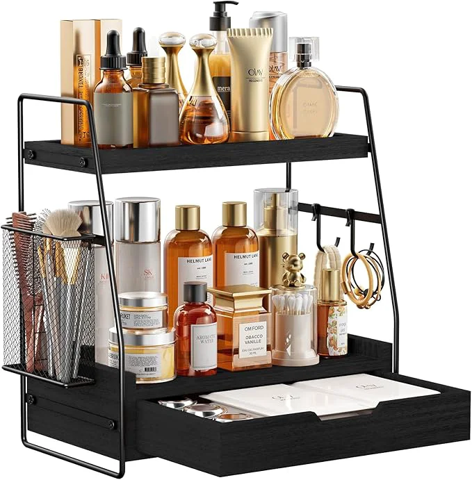 Unique 2 Tier Bathroom Counter Organizer Wood – Tiered Bathroom Countertop Shelf with Drawer Removable Basket 2 Hooks Makeup Vanity Organizer for Skincare Perfume Toiletries 13” BlackAbout ThisOverview Solid