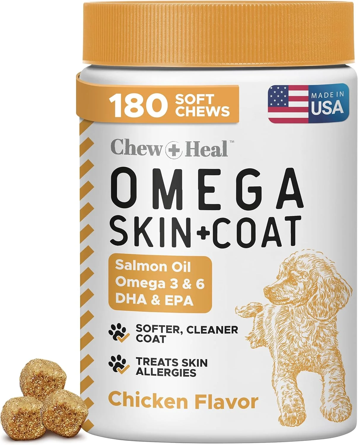 Flexible Salmon Oil for Dogs – 180 Soft Chew Omega Treats for Skin and Coat – Fish Oil Blend of Essential Fatty Acids Omega 3 and 6 Vitamins Antioxidants and Minerals – Made in USA Eco-Friendly