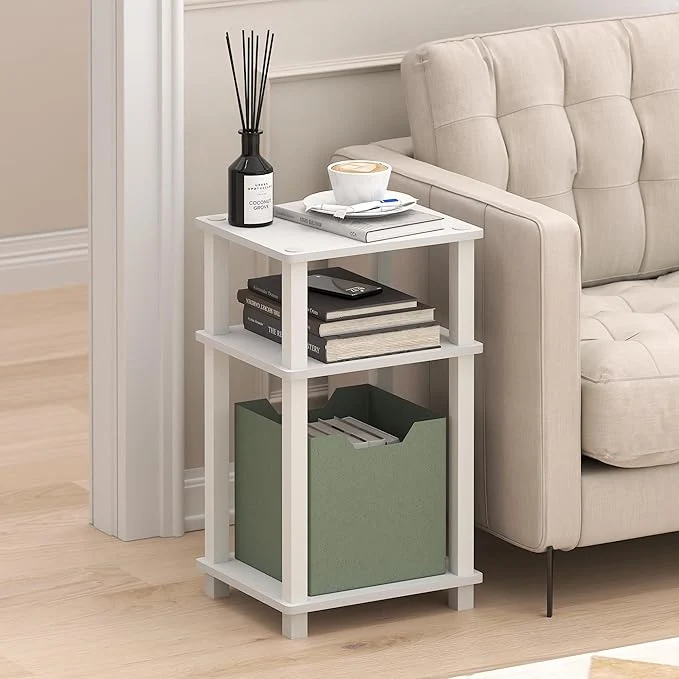 Effective Furinno JUST Side Table 3-Tier Open Shelf End Table Toolless Assembly Night Stand Bedside Table with Square Tube for Living Room Bedroom WhiteAbout ThisOverview Dependable