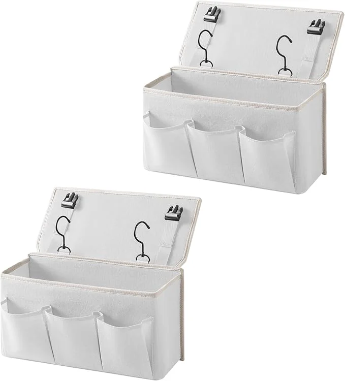 Detailed Bedside Caddy Bedside Storage Organizer Hanging Bag with Three Options Suitable for home beds sofas and dormitory beds—can hold magazines books phones iPads remote controls. 2-Pack White About ThisOverview Recyclable