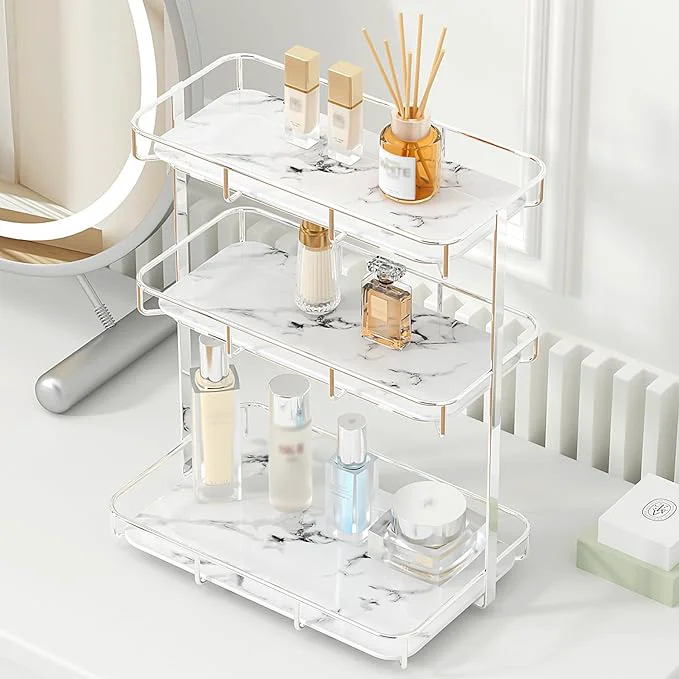 Relaxed Bathroom Organizer Countertop Perfume Organizer Makeup Organizer Cosmetics Storage Display Rack Vanity Tray Dresser Stainless Steel Gold Shelf White Marble Ceramic TrayAbout ThisOverview Innovative
