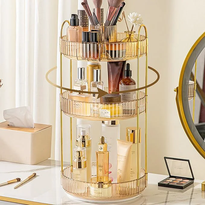 Next-Generation Aveniee 360° Rotating Makeup Organizer for Vanity Upagraded Perfume Skincare Bathroom Counter Organizers with Brush Divider 3 Tier Spinning Lipstick Cosmetic Lotion Storage Gold Healthy