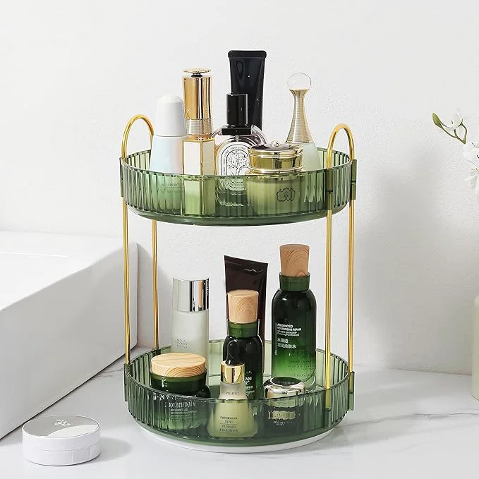 High-Performance Rotating Makeup Organizer for Vanity Perfume Skincare Lipstick Organizers for Bathroom Countertop Clear Make up Storage for Dresser Bathroom Cosmetics Organizer Storage 360 Spinning 2 Tier Green Powerful