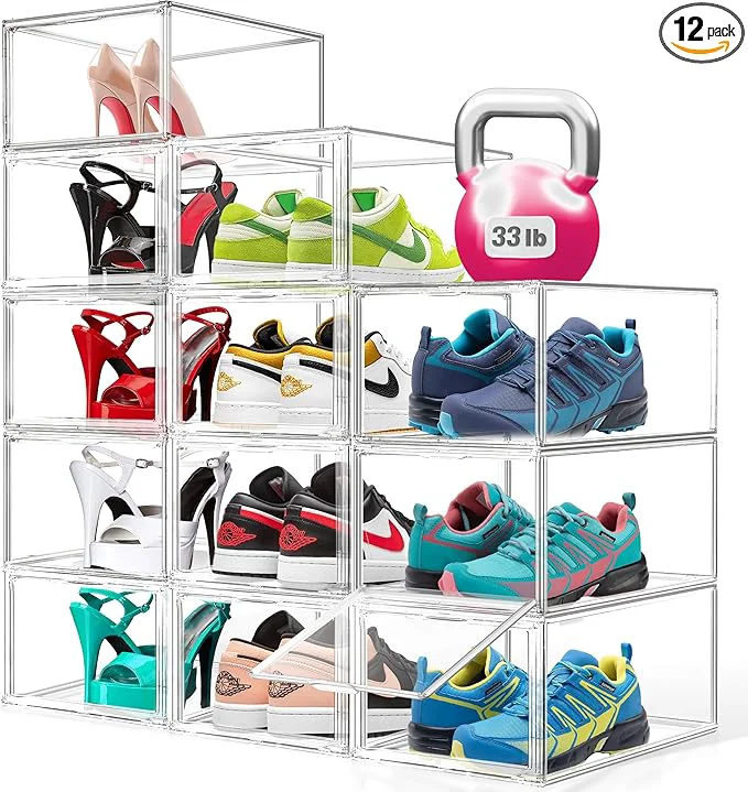 Next-Generation 12 Pack Drop Front Shoe Boxes Acrylic Shoe Display Case Fit US Size 13 Clear Stackable Hat Sneaker Shoe Organizer for Closet Entryway Underbed Multiple Display Cases for Hats Figures SneakersAbout ThisOverview Green