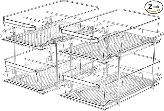 Fashionable 2 Set 2 Tier Clear Organizer with Dividers for Cabinet Shlef Counter – MultiUse Slide-Out Storage Container – Kitchen Pantry Medicine Cupboard Bins Bathroom Vanity Makeup Under Sink OrganizingAbout ThisOverview Reusable