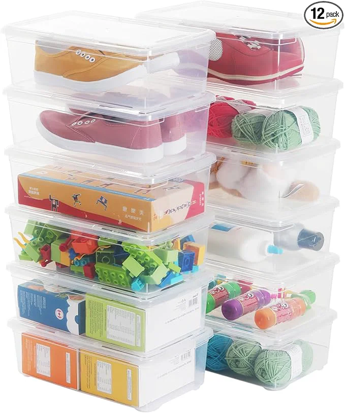 Flexible 12 Pack 6 Quart Stackable Plastic Storage Shoebox BPA- Nestable Container to Organize Shoes See-Through Box for Home and Office Multi-Purpose Storage Case Transparent About ThisOverview High-Performance