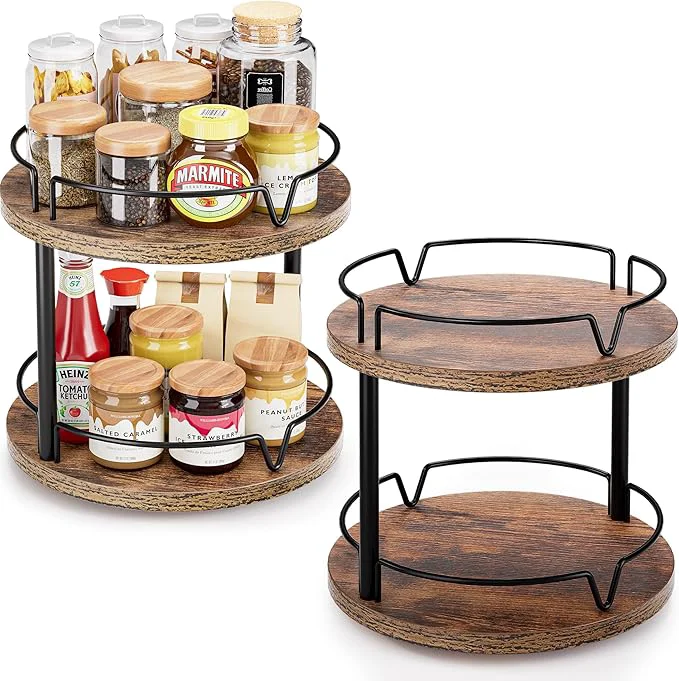 Reliable 2 Pack 2 Tier Lazy Susan Organizer Wooden Rotating Spice Rack Spice Rack for Countertop 2 Tier Spice Turntable Organizer for Kitchen Countertop and Cabinet Compact and Versatile Rustic BrownAbout ThisOverview Innovative
