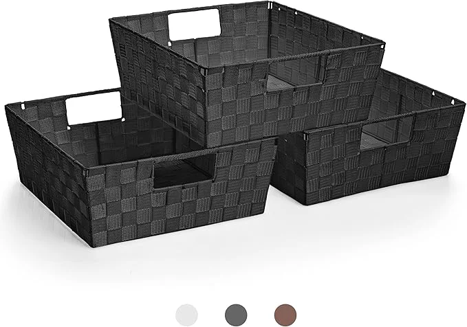 Premium Sorbus Set of 3 Large Woven Storage Baskets – Mesh Hand-Woven Baskets for Organizing Fabric Storage Bins for Linen Closet Organizer Storage Baskets for Shelves and Home Organization Black About ThisOverview Genuine