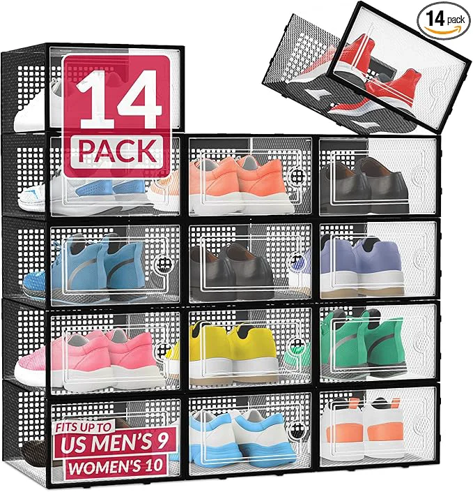 Authentic Reli. Shoe Boxes 14 Pack Clear Shoe Storage Boxes Stackable and Compact Lightweight Plastic Storage Box with Ventilation Holes Swing Door Interlocking Containers Stackable Rack BlackAbout ThisOverview Safe