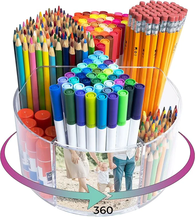 Lightweight Acrylic Marker Organizer – Multipurpose 360 Rotating Holder for Pencil Pen Makeup Brushes Crayon Arts and Crafts Supplies – Clear Spinning Lazy Susan Non-Slip Organizing Caddy with Photo SlotsAbout ThisOverview Luxury