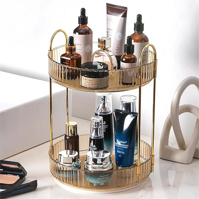 Comfortable Rotating Makeup Organizer Countertop 2 Tier Lazy Susan Trays Clear Skincare Perfume Storage for Bathroom Counter Vanity Amber GoldAbout ThisOverview Quality