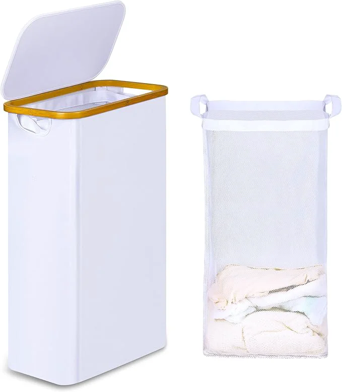 Easy-to-Use 60L Slim Laundry Hamper Narrow Laundry Basket with Lid Foldable Clothes Hamper with Bamboo Handles Hamper Basket with Removable Inner Bag for Laundry Room Bedroom College Dorm 15.85 Gals WhiteAbout ThisOverview Effective