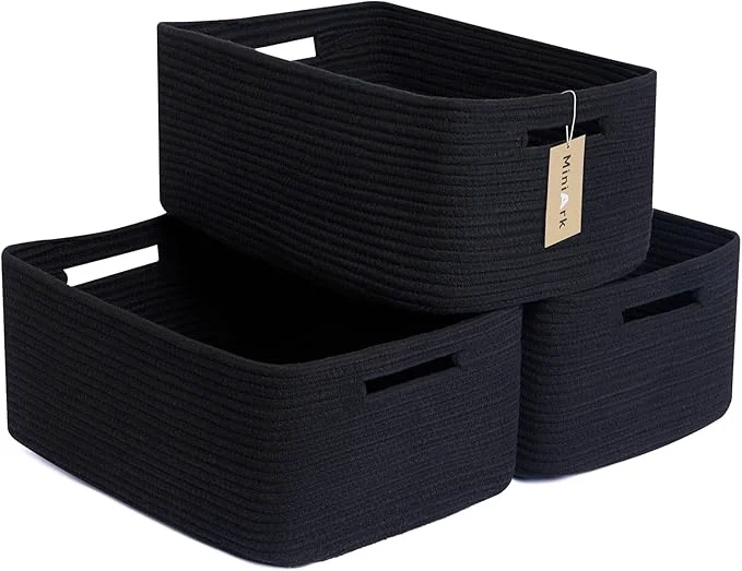 Premium Material Large Storage Baskets for Shelves Closet Organizers Bins for Clothes Blanket Towels Baby Nursery Toy Baskets Box Woven Rope Baskets 17 x 13 x 7.5 3 Packs BlackAbout ThisOverview Natural