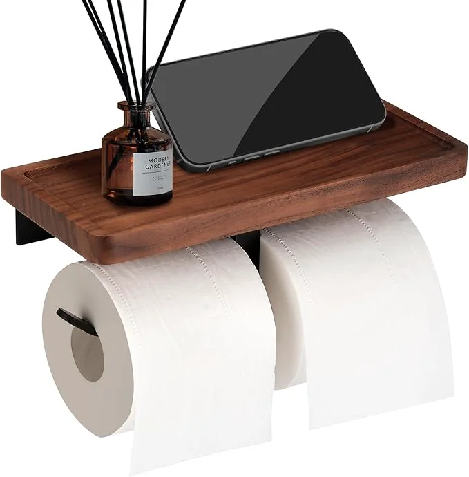 Certified Double Toilet Paper Holder with Walnut Wood Shelf – Wall Mount Self-Adhesive Bathroom Tissue Roll Holder Black Stainless Steel with Walnut Shelf for Phone – Home Apartment RestroomAbout ThisOverview Comfortable
