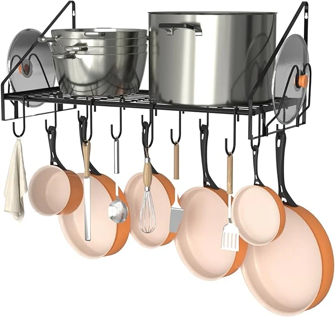 Exceptional 28 Inch Pot Rack Wall Mounted Pots and Pans Organizer with 12 Hooks and 2 Pot Lid Holders Heavy Duty Steel Pot and Pan Hanger for Kitchen Cookware Utensils Storage 34.7 Lx13 Wx12.6 HAbout ThisOverview Smooth